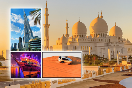Dubai City Tour + Desert Safari + Marina Cruise Dinner + Abu Dhabi City Tour