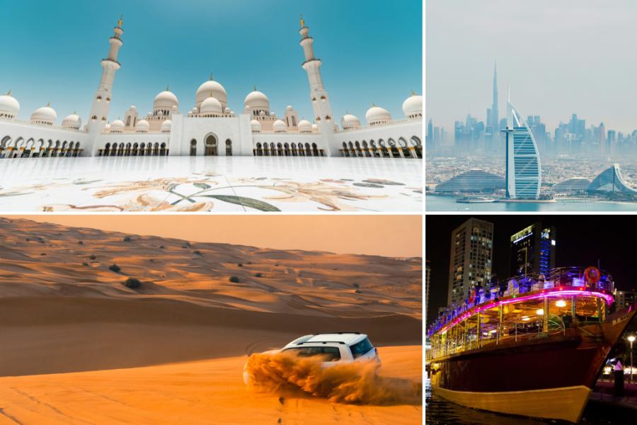 Dubai City Tour + Desert Safari + Marina Cruise Dinner + Abu Dhabi City Tour